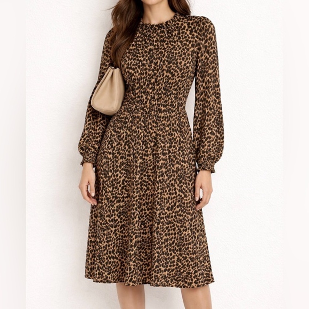 J.Crew Leopard Print Midi Dress Size 2 Animal Print Smocked Cuffs Long Sleeve